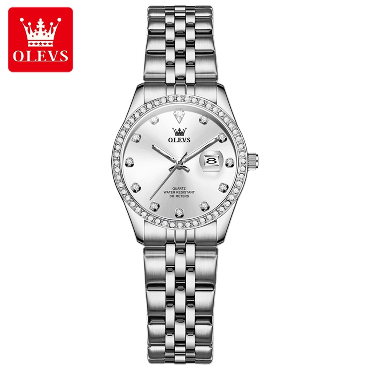 HO-3629L.z : Olevs edelstaal quartz dames horloge, diamantzirkonia