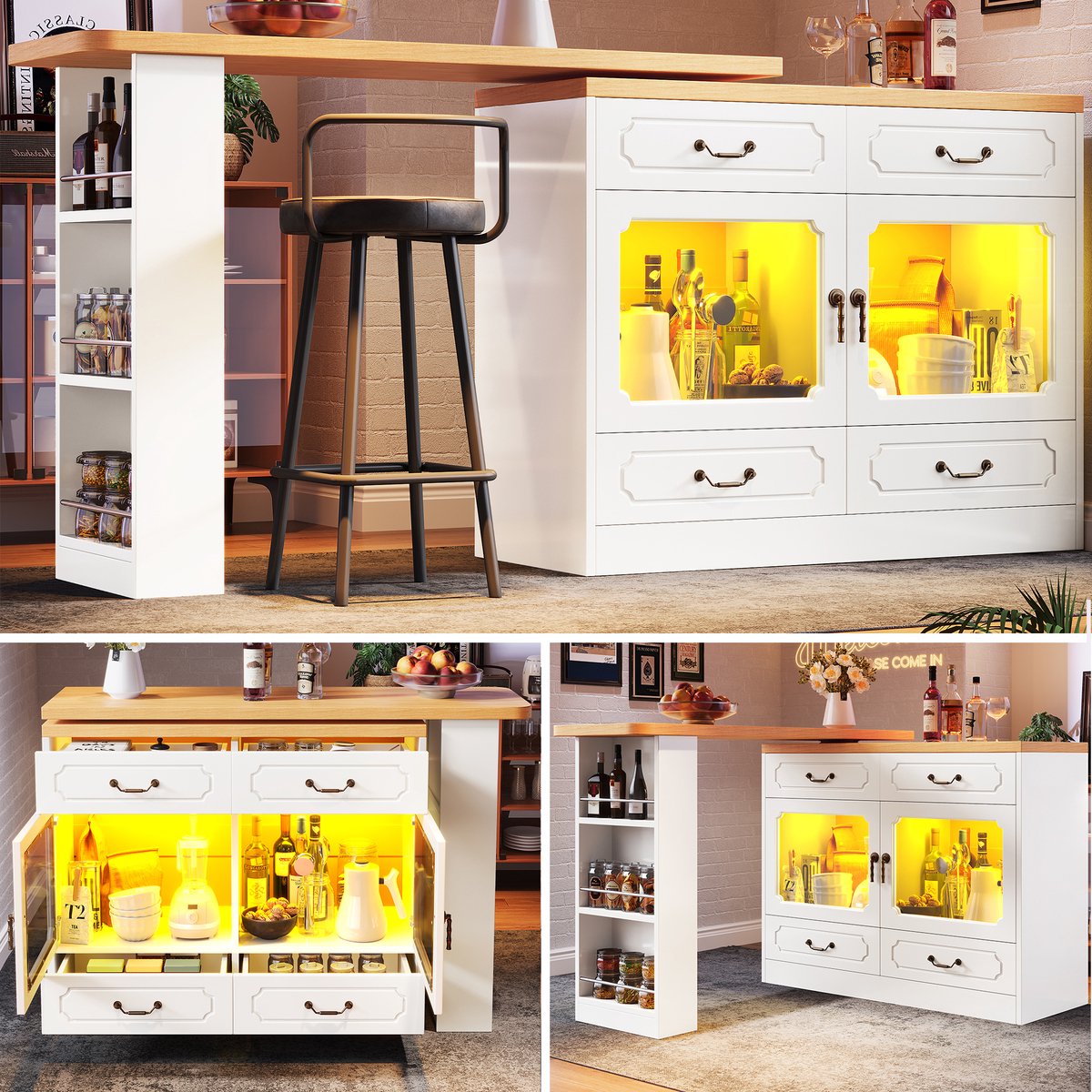 Uitschuifbare Bartafel (135-203x39x93 cm) - 360° Draaibare Bar met LED Verlichting - Wit Telescoop Keuken Eiland