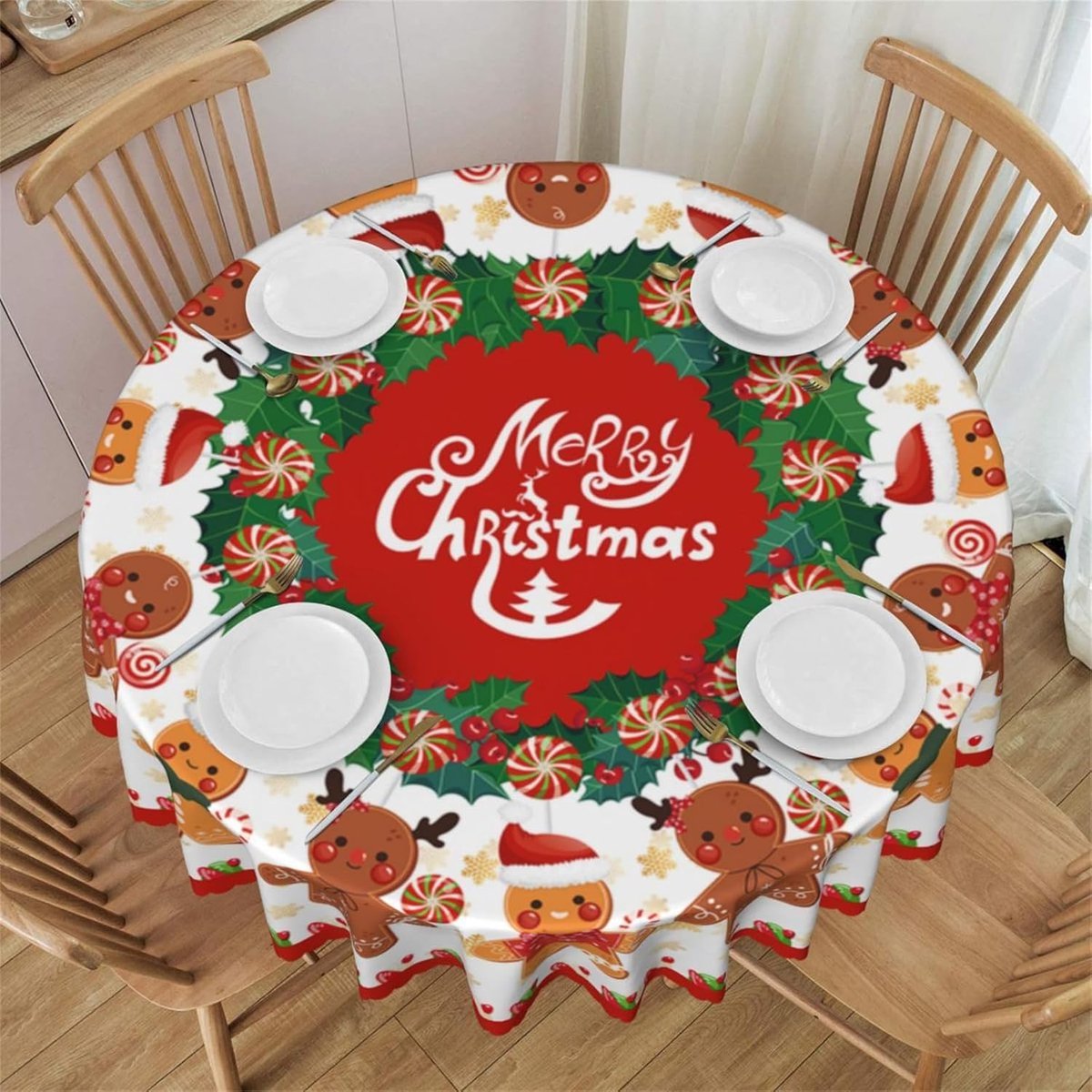 Sander Shop 150 cm rond tafelkleed kerst 150 cm kerst tafelkleden kerstman sneeuwpop kerstboom kerst ronde tafelkleed wasbaar vakantie tafelkleed voor kerstfeest diner decoratie (peperkoek)