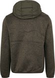 Achterkant van een groene Superdry jas met gewatteerde capuchon, gebreide body en mouwen.