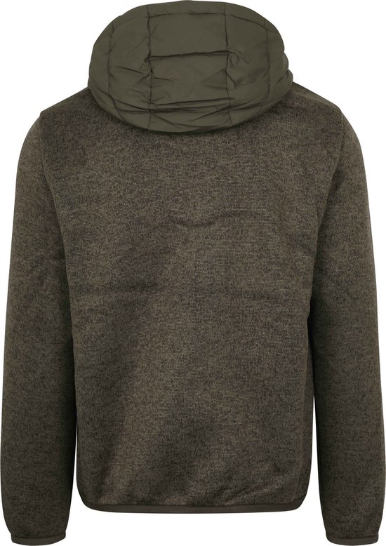 Achterkant van een groene Superdry jas met gewatteerde capuchon, gebreide body en mouwen.
