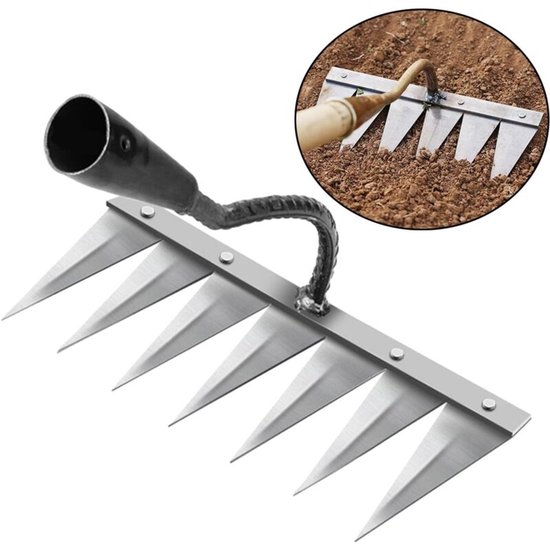 Tuinhark, onkruidhark, tuingereedschap, gazonhark, verticuteermachine, handmatig, 7 stalen tanden, voor het wieden/losmaken van de grond/zaaien (zonder stok)