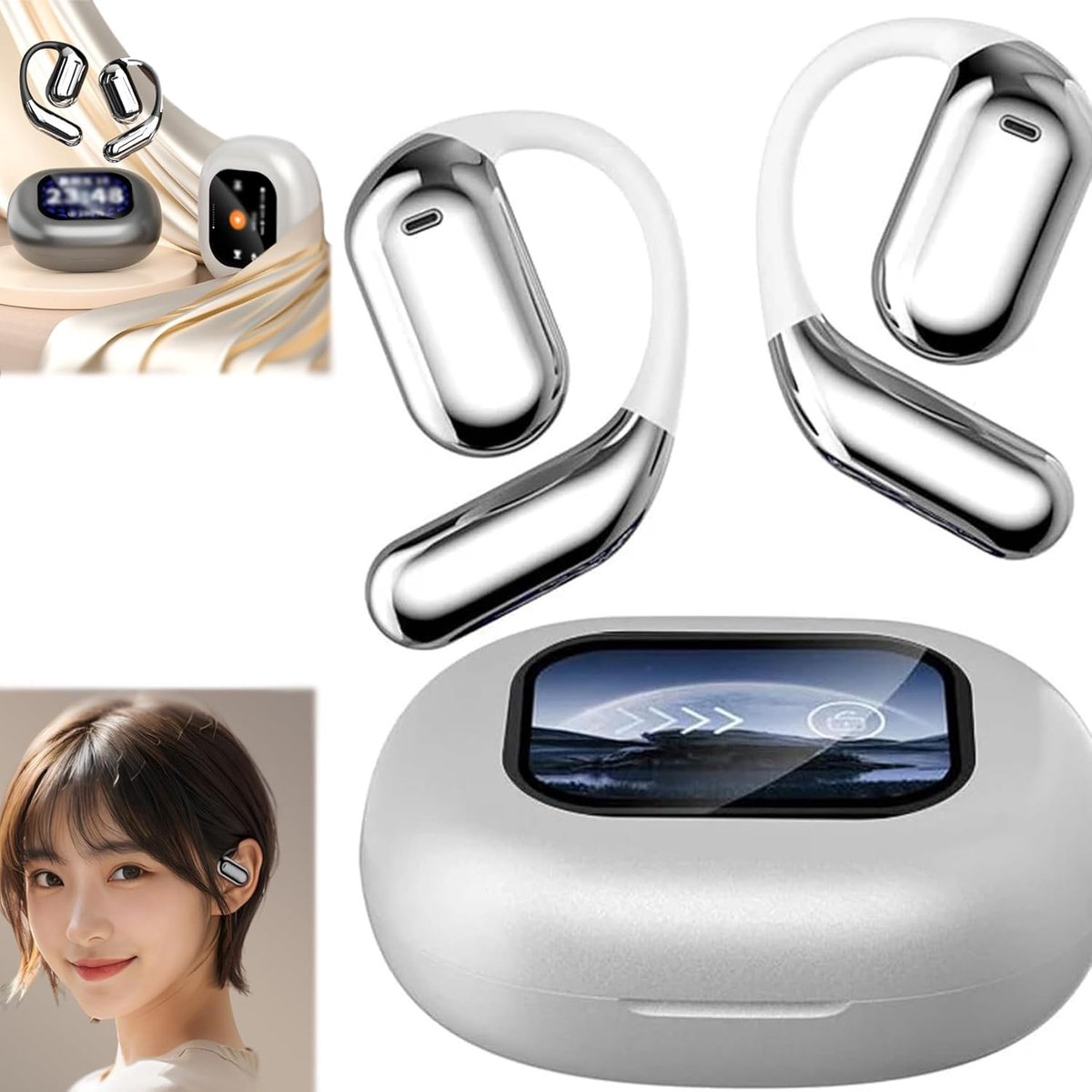 Intelligent Touch Screen Open Bluetooth Earphones, Wireless Open Ear Bluetooth Earbuds, Bone Conduction Headphones Waterproof, Noise Cancelling and Bass in Ear Wireless Bluetooth Earbud (White)