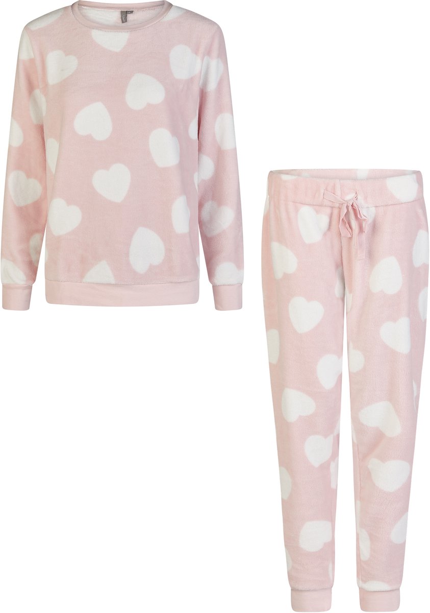 By Louise Dames Huispak Fleece Broek + Sweater Roze Hartjes - Maat M