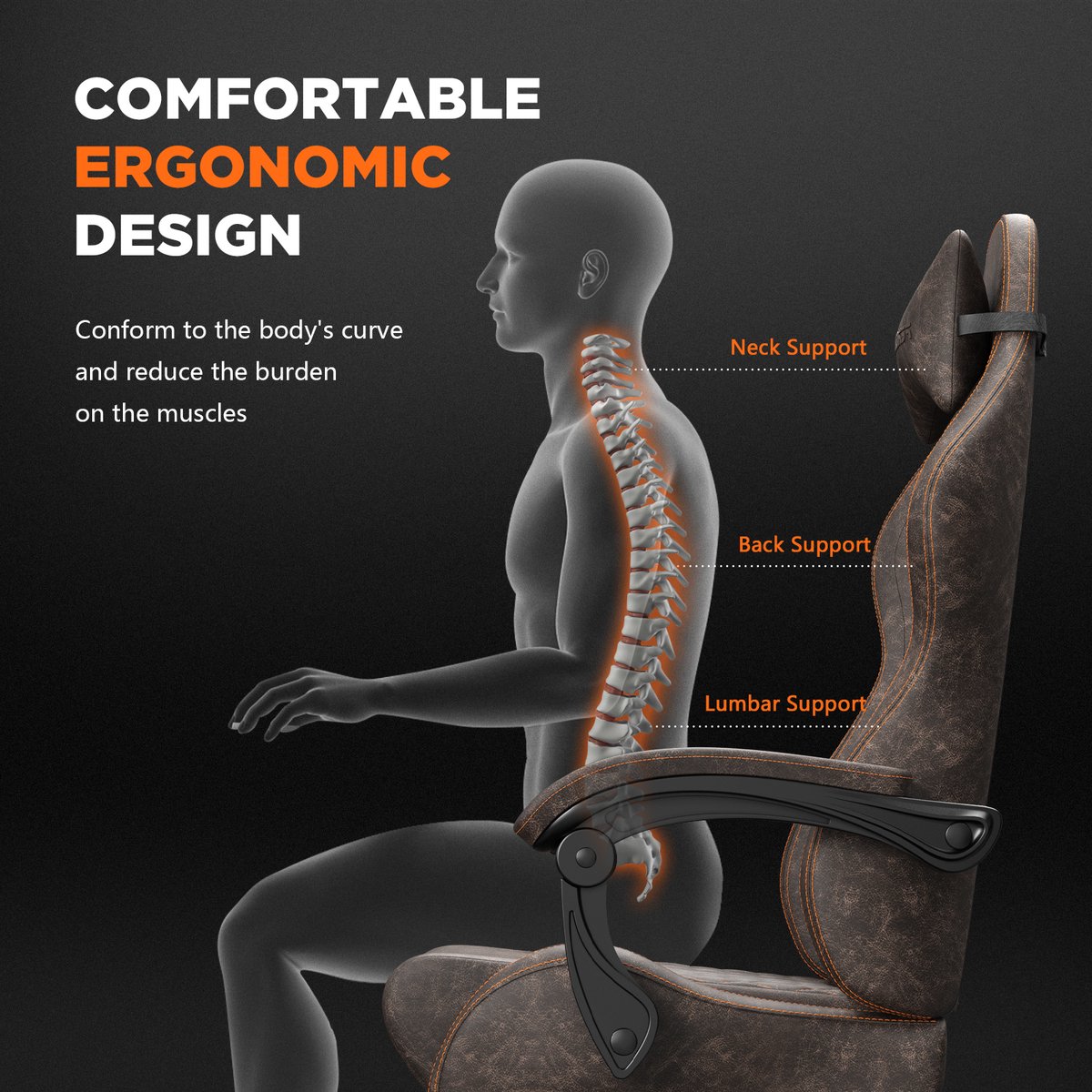 Soontrans-Gaming Stoel-Inklapbare Voetensteun-Gamestoel Verstelbaar Rugleuning-Ergonomische Gaming Chair-Bureaustoel-Max Draagvermogen 120 kg-PU Kunstleer Computerstoel Gaming Voor Volwassenen en Jongeren-Bruin thumbnail 5
