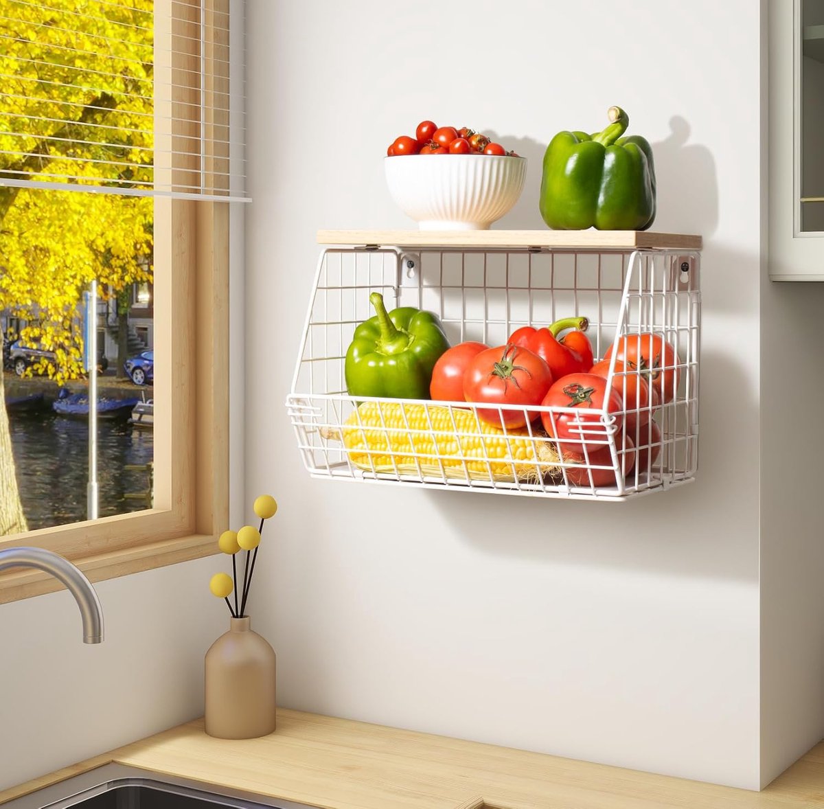 Candala Fruit- en groenteopslag fruitmand voor aanrecht stapelbare wandmontage hangende mand fruitschaal draadmanden met houten deksel met banaanhanger haken, uienmand