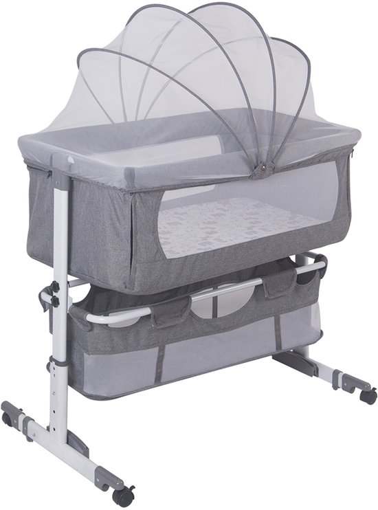 PIPIPOXER-Babywieg Stubenwagen Opvouwbaar bijzetbedje in hoogte verstelbaar met wieltjes Muggennet 92*58*70-87 cm