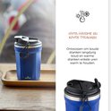 Blauwe Rubytec beker op een houten dienblad, met gesloten deksel.