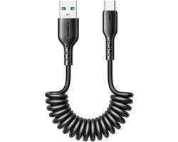 Joyroom - USB-A naar USB-C Kabel - Krulsnoer - Uitrekbare oplaadkabel - Universele oplaadkabel - 1,5 m - 30W - Zwart