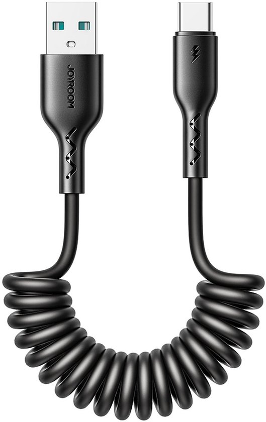 Joyroom - USB-A naar USB-C Kabel - Krulsnoer - Uitrekbare oplaadkabel - Universele oplaadkabel - 1,5 m - 30W - Zwart
