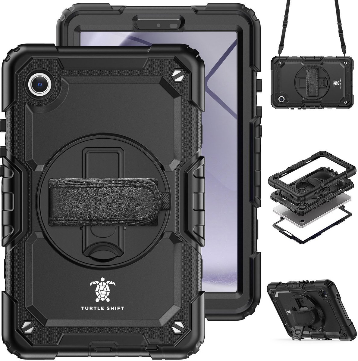 Hoes voor Samsung Galaxy Tab A11 en Tab A9 - 8.7 inch hoes met screen protector - Turtle Shift Cover Hoesje - Schouderriem - Shockproof - Met Standaard - Zwart