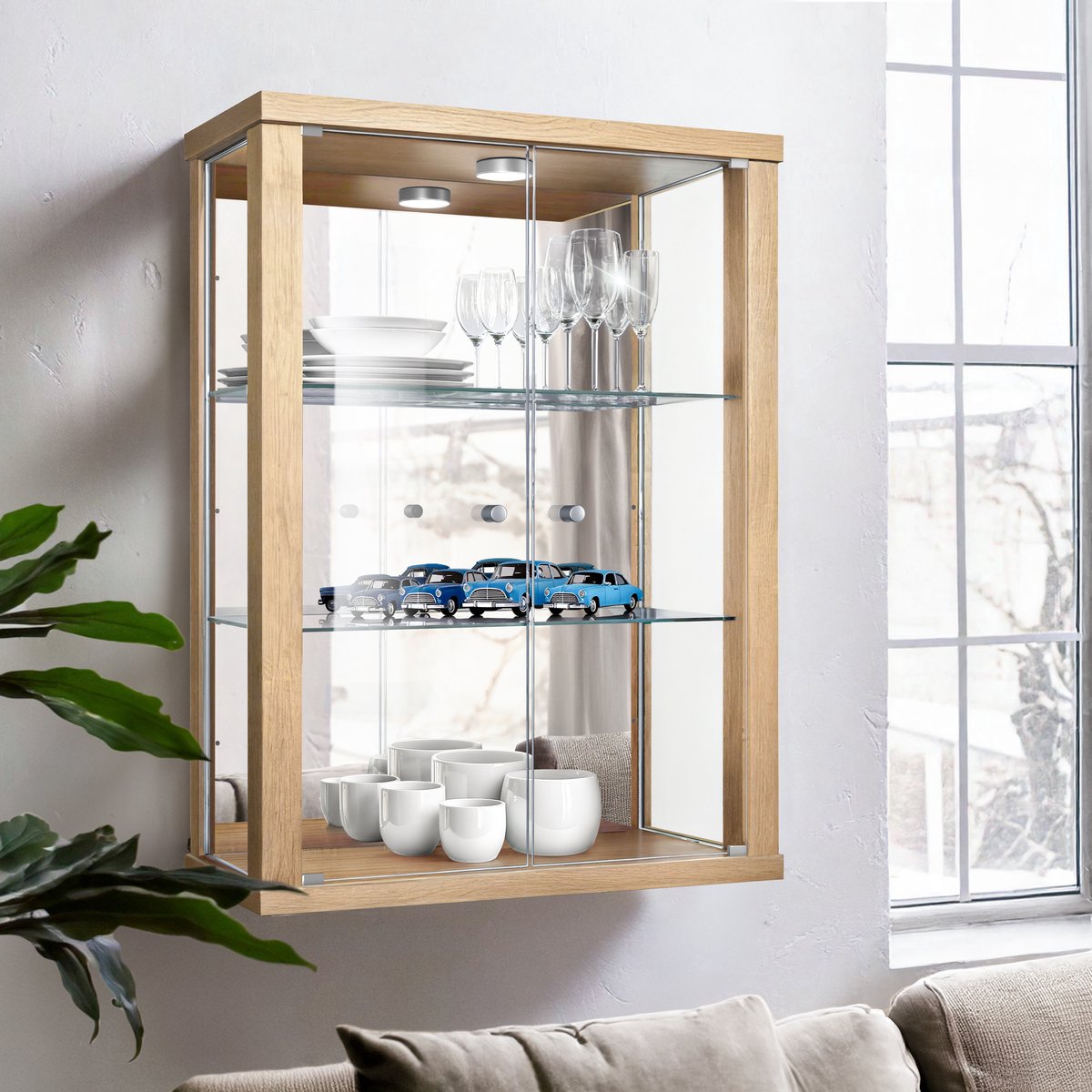 K-Möbel Vitrinekast hangend met 2 deuren, 2 in hoogte verstelbare glasplanken & spiegel - Vitrinekast met led verlichting - 80x60x25 cm - Beukenhoutkleur