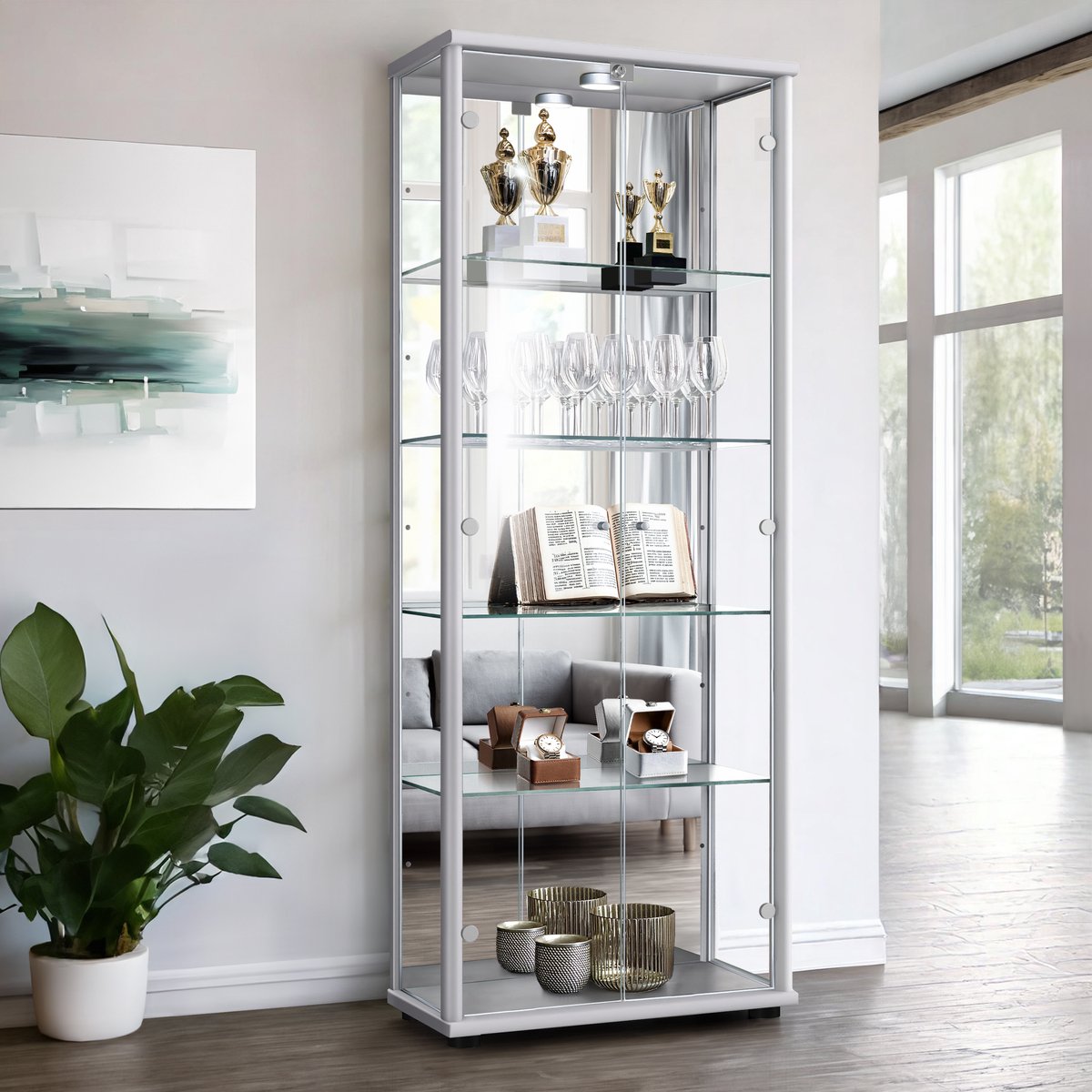 K-Möbel Vitrinekast met glas staand met 2 deuren, 4 in hoogte verstelbare glasplanken, spiegel & slot - Vitrinekast met led verlichting - 176x67x33 cm - Zilverkleurig