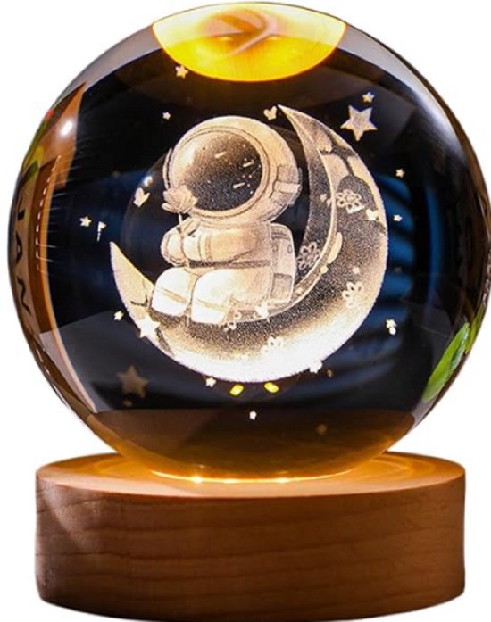 DMG Supply 3D Kristallen Bol Lamp - Astronaut Maan - USB Oplaadbaar - LED Lamp - Nachtlamp - Tafellamp - Bureaulamp
