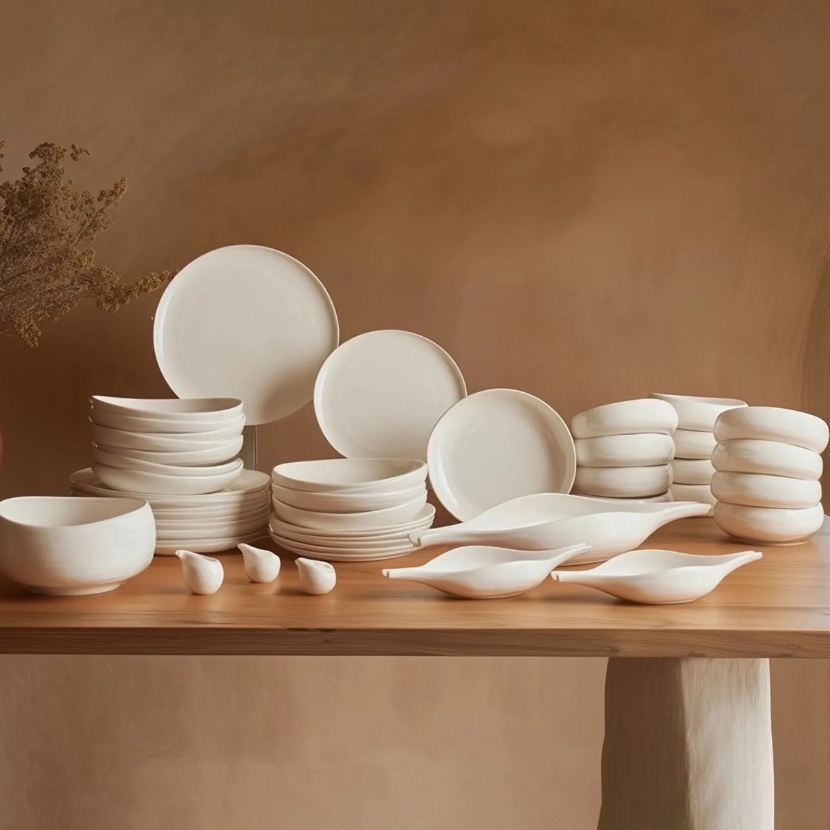 Karaca Earth Collection Clay - 55-delige Porseleinen Serviesset – 12 Personen – Wit – Rond – Vaatwasser- & Magnetronbestendig