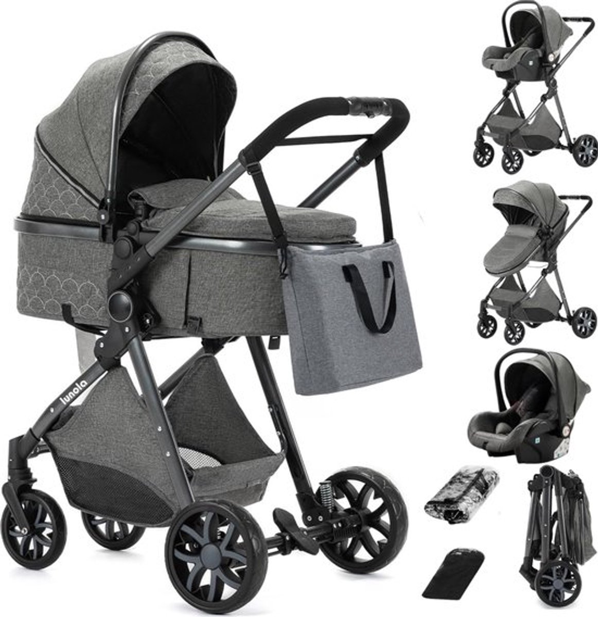 Novendo Goods - Kinderwagen 3 in 1 - Inclusief autostoel - Vierwielig - Volledig inklapbaar - Pasgeboren baby - 0-20 KG - Grijs thumbnail 6
