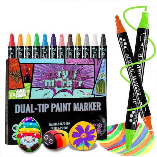 Yammii | Acrylstiften Set 12 Stuks Dual Tip Verfmarkers – Verfstiften voor Happy Stones, Canvas, Hout en Creatief Schilderen