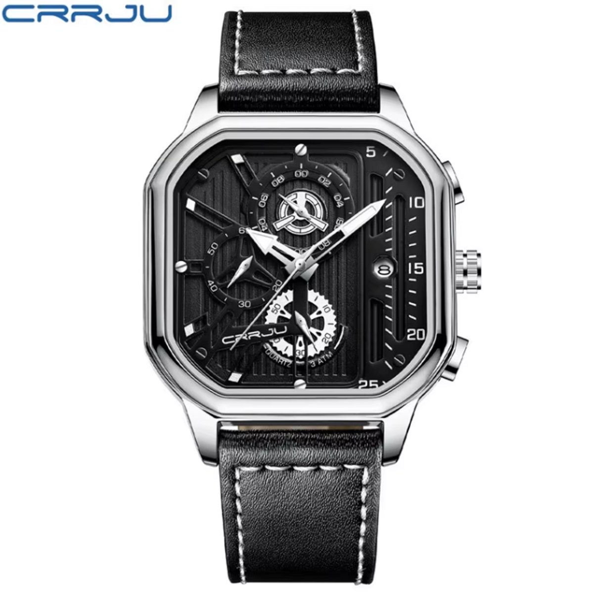 CRRJU Horloge 2302 - Zwart Zilverkleurig - Heren - Vierkante Kast - Quartz - 43 mm - Lederen Band - Chronograaf - Kalender - Waterbestendig - Zakelijk - Elegant - Sportief