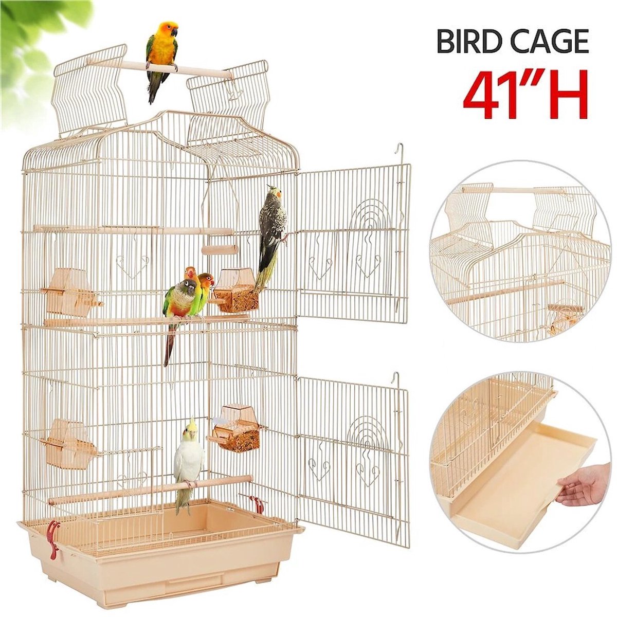 Papa simba Vogelkooi ,volière ,vogelkooi met draagbaar handvat met 4 voerbakken ,3 zitstokken, 46 x 35 x 92 cm , amandel , HMTM-BC-10001-Almond