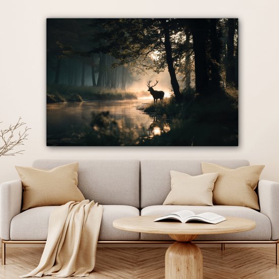 Peinture sur toile 120x80 cm - Décoration murale exclusive Cerf - Ruisseau forestier - Mystique - Décoration murale salon - Décoration chambre - Accessoires chambre - Peintures sur toile
