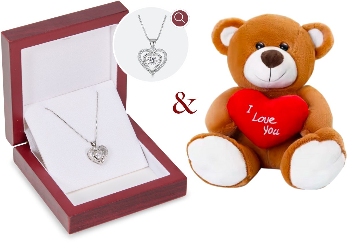 Houten LED & Teddybeer & Silverplated Hartjes Ketting | Ketting Dames |Sieradendoos | Vrouw | Vriendin | Moeder | Dochter | Verjaardag | Cadeau | Geschenkset Vrouwen | Juwelendoos | Rozenblaadjes |Geschenkdoos |