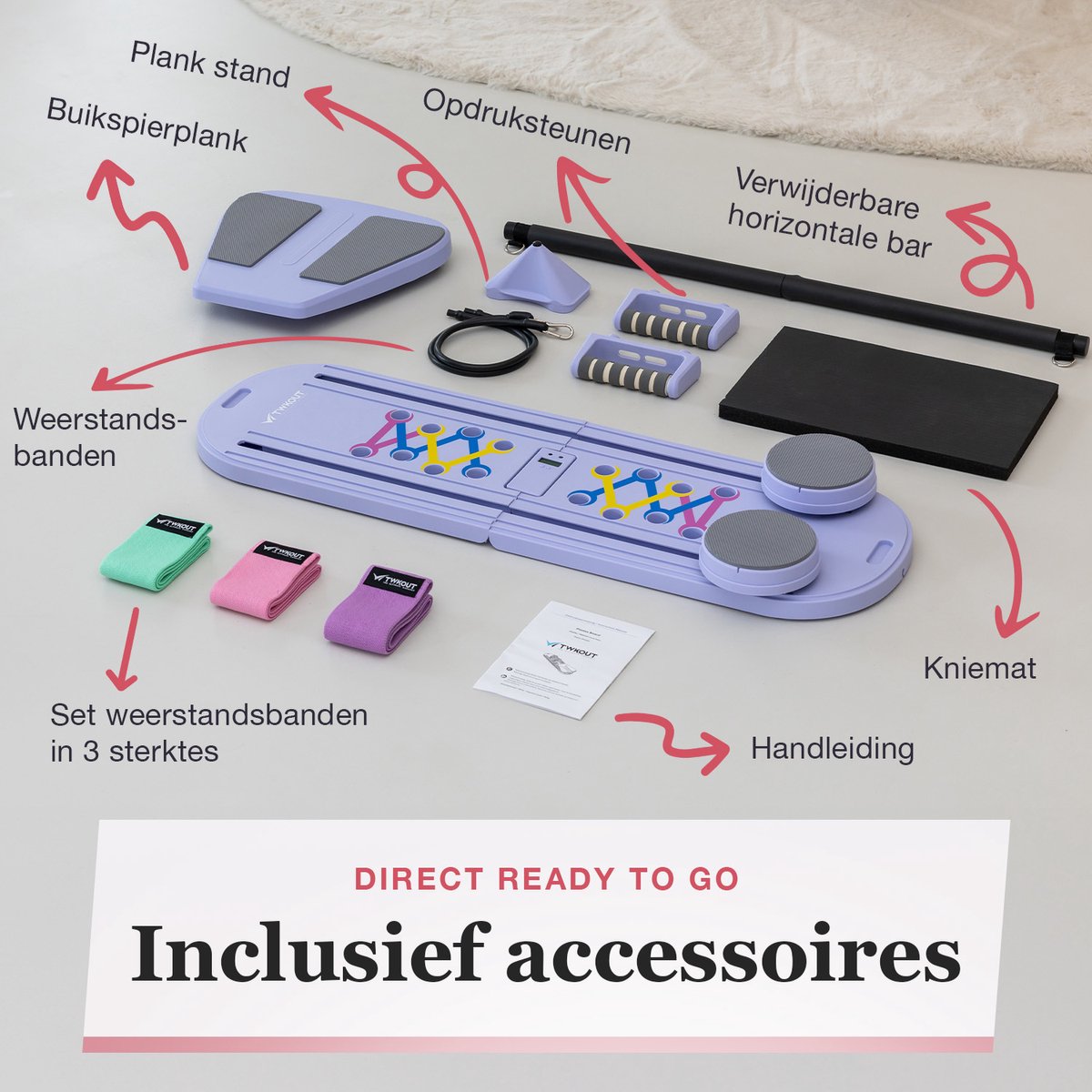 TWKOUT Pilates Board Reformer met 3 Weerstandsbanden - afbeelding 2