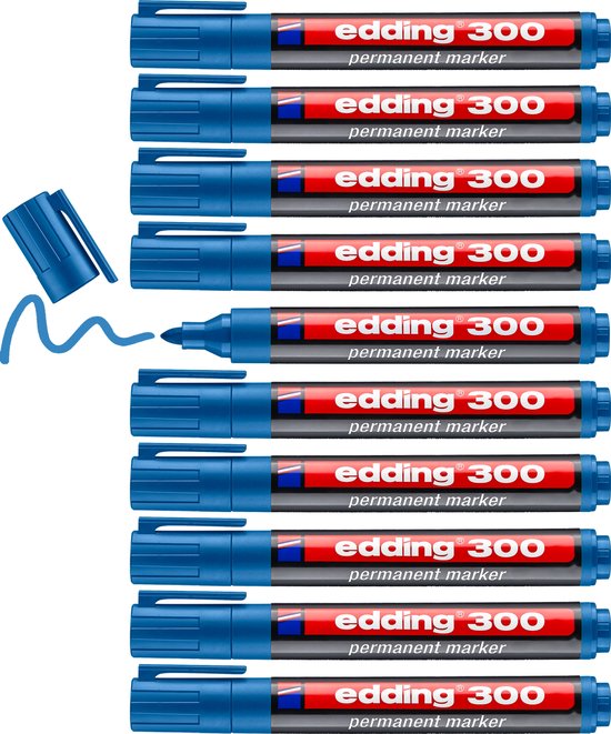 Tien lichtblauwe edding 300 permanente markers op een zwarte achtergrond.