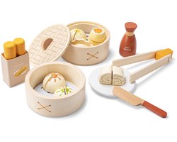 Woet® Houten Dim Sum Speelset - 23-delig Aziatisch Rollenspel Speelgoed - Inclusief Dumplings, Stokjes, Sojasaus en Stoommandjes - Educatief Keukenspeelgoed - Speelgoedeten voor Kinderen - Vanaf 3 Jaar