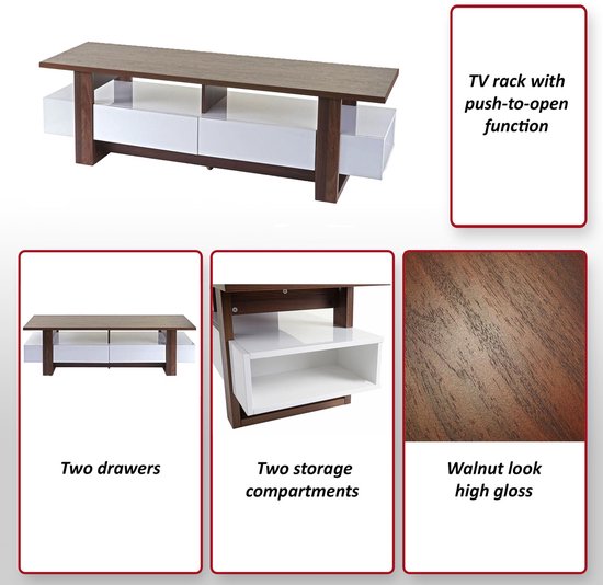 Meuble TV MCW-B51, meuble bas de table TV, structure 3D aspect noyer brillant 46x150x45cm