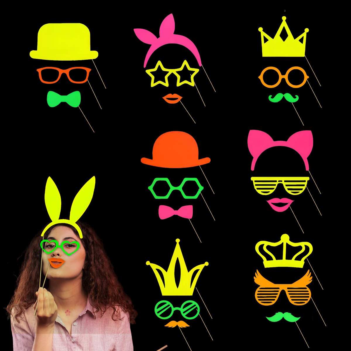 Daily Essentialz Neon Photobooth Props - Photobooth - Neon Party - Neon Versiering - Glow In The Dark Feestartikelen - Fotohokje Rekwisieten - Fotobox - Feestversiering - Verjaardag - 24 stuks