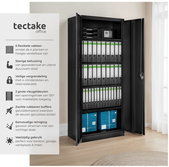 Zwarte archiefkast met open deuren, gevuld met ordners. De tekst in de afbeelding legt de kenmerken uit, zoals flexibele vakken en dubbele deuren.