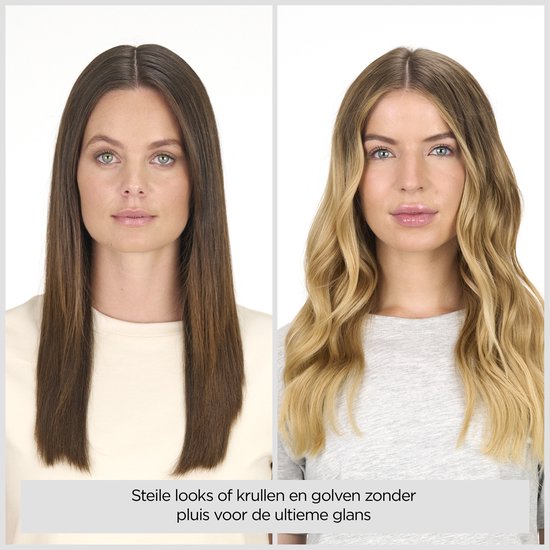 Vrouw met lang, steil bruin haar links, en dezelfde vrouw met lang, goudblond golvend haar rechts.