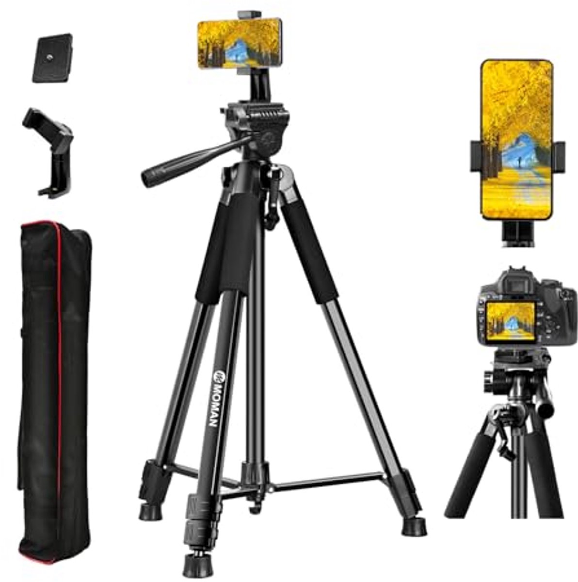 Lichtgewicht Aluminium Driepootstatief tot 180 cm Hoogte - Verstelbaar en Draagbaar Voor DSLR en Smartphones