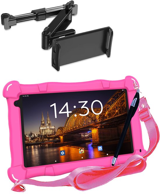 AngelTech OnderwegPakket SLIM – Kindertablet SLIM + Tablethouder - Android 15 -Kindertablet Vanaf 3 Jaar – Kinder Tablet – Kids Tablet - Tablet voor Kinderen - Roze