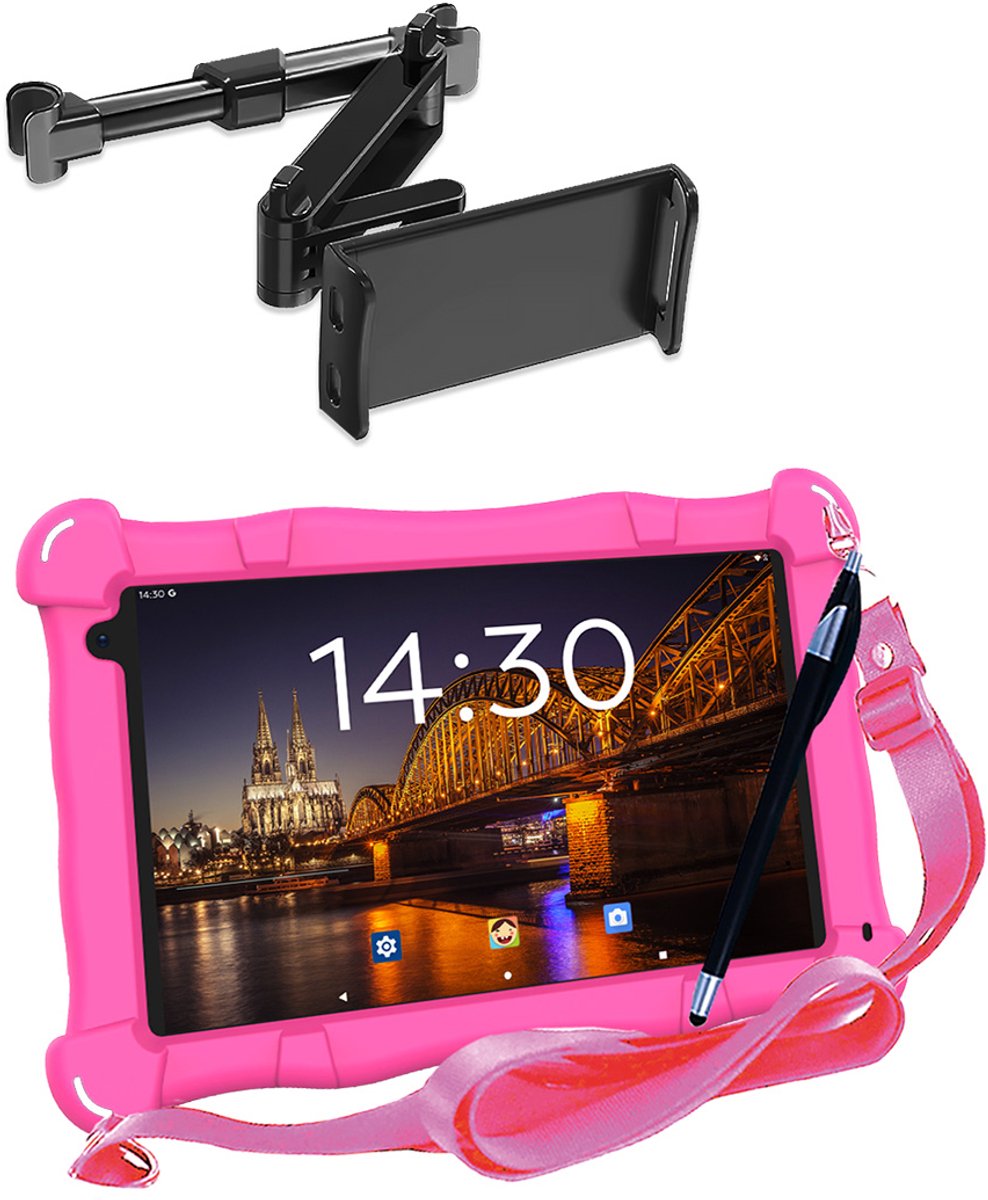 AngelTech OnderwegPakket SLIM – Kindertablet SLIM + Tablethouder - Android 15 -Kindertablet Vanaf 3 Jaar – Kinder Tablet – Kids Tablet - Tablet voor Kinderen - Roze
