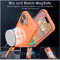 Coque de téléphone orange avec anneau magnétique chargé par MagSafe, avec des images supplémentaires de la coque en cours d'utilisation.