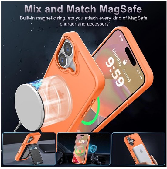 Coque de téléphone orange avec anneau magnétique chargé par MagSafe, avec des images supplémentaires de la coque en cours d'utilisation.
