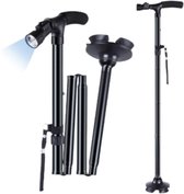 Zwarte wandelstokken: één met brandend LED-lampje, één opvouwbaar, en één staand met brede voet.