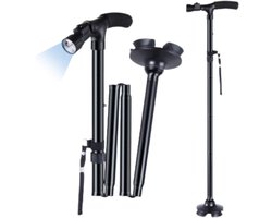BDGoods® - Stevige Wandelstok met Led Verlichting - Opvouwbaar - Inclusief Batterijen - Links- en Rechtshandig - Zwart - Loophulp Ouderen - Ergonomisch - Inklapbaar - Walking Stick Elderly