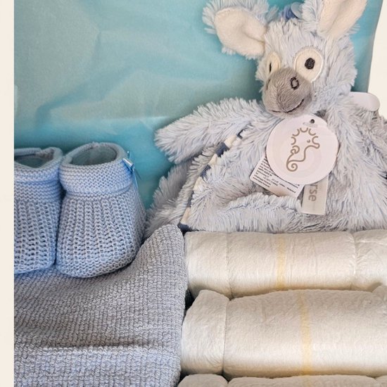 Kraamcadeau blauw met Happy Horse Donkey Dallas, spuugdoekje slofjes en pampers van Pippo Knuffeldoekje. — afbeelding 2