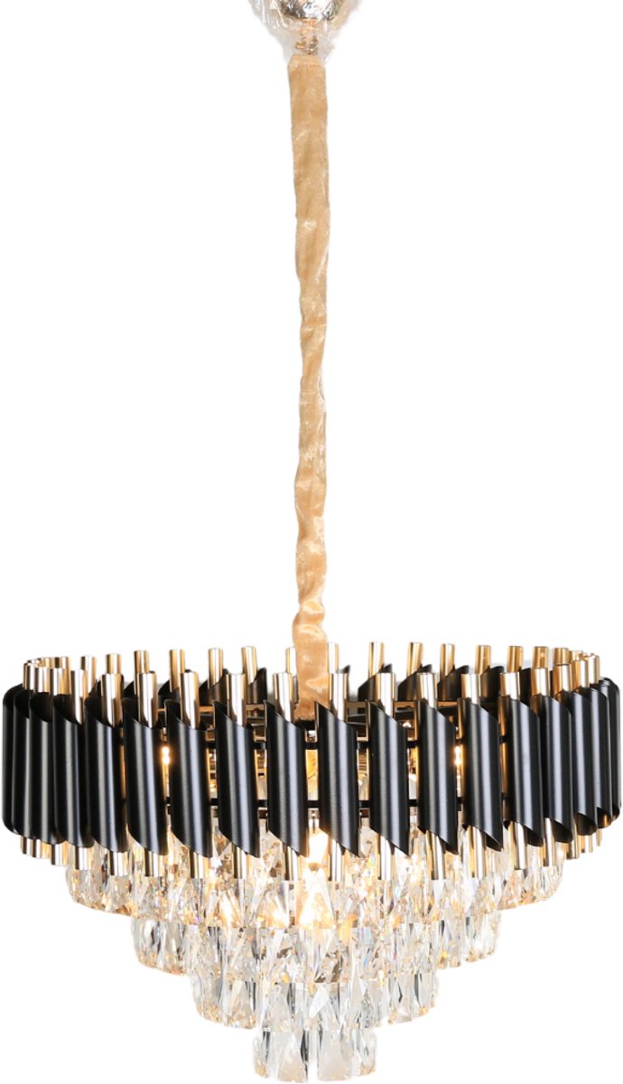 Kristallen hanglamp met 8 lichtpunten - E14 fitting - zwart en goud - verstelbaar in hoogte - diameter: Ø50cm