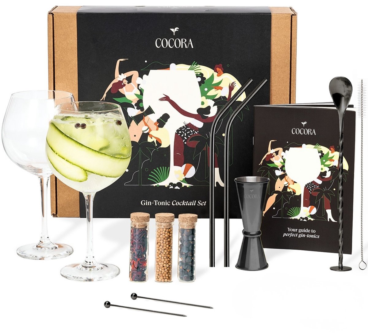 Cocora Gin Tonic Glazen Geschenkset - 12-delige RVS Cocktail Set - Barmaatje, Maatbeker - Barlepel - Kruiden - Recepten Boek - Zwart