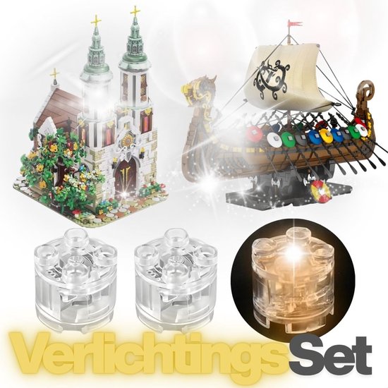 Collage van verlichte modelbouwsets: kerk, Vikingschip en twee lichtblokjes.