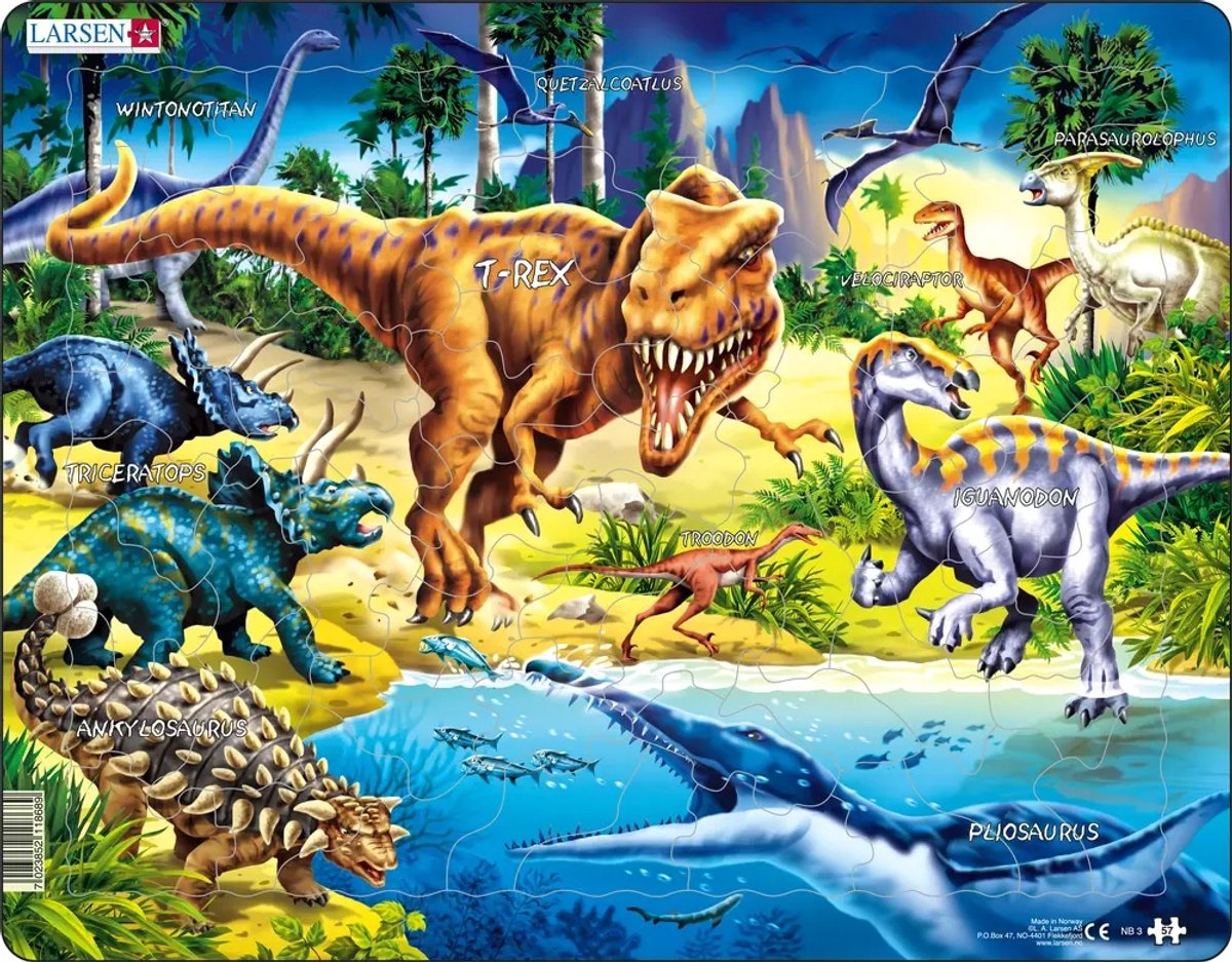 Larsen Dinosauriërs uit het Krijt tijdperk – Puzzel – Dieren – Prehistorie – Educatieve legpuzzel voor kinderen – 57 stukjes – Gemaakt in Noorwegen – Extra dikke 2,5 mm stukjes – Tray met vaste rand