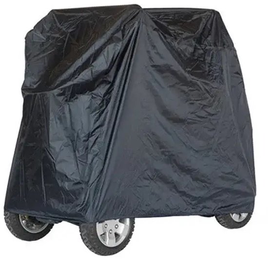 Zwarte scootmobielhoes die de gehele scootmobiel bedekt, met zichtbare wielen aan de onderkant.