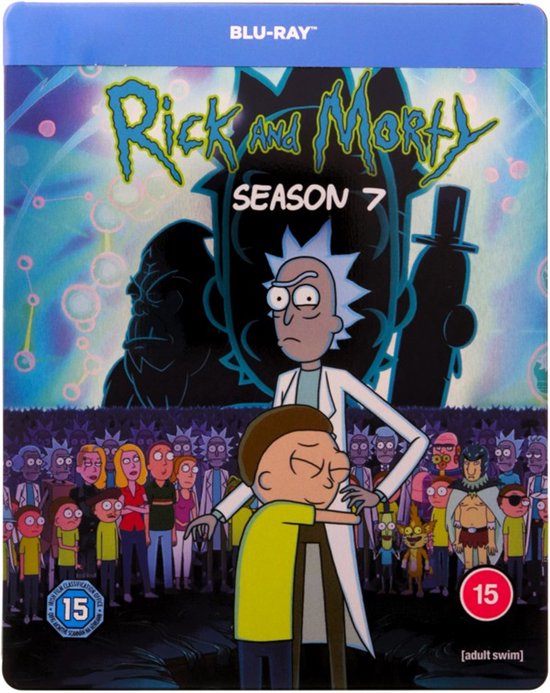 De voorkant van de Blu-ray hoes van Rick en Morty seizoen 7. Rick en Morty staan vooraan, omringd door personages, met een grote figuur op de achtergrond.