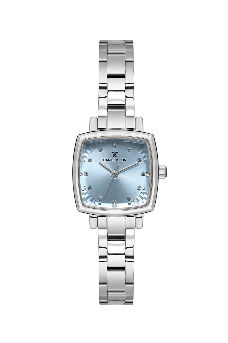 Daniel Klein DK.1.13922-2 - Horloge - Polshorloge - Analoog - Dames - Vrouwen- Vierkant - Stalen band - Metaal - Strepen - Bolletjes - Briljant - Zilverkleurig - Lichtblauw - Zwart