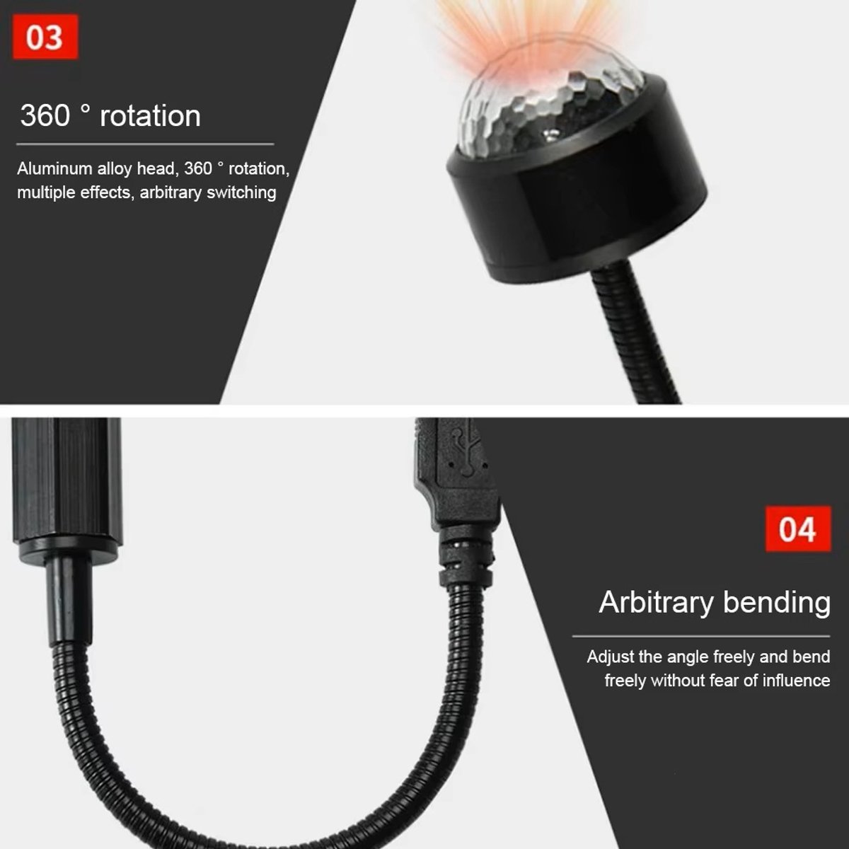 Mini LED Disco Nachtlampje Projector – USB Sfeerlamp plug-and-play ontwerp en USB-aansluiting - flexibele metalen hals – foto 2