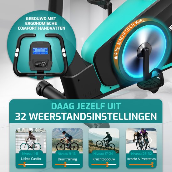 Gedetailleerd deel van een FITAGE hometrainer met magnetische weerstand, ergonomische handvatten en 32 weerstandsniveaus.