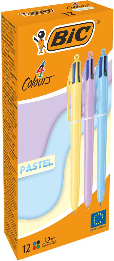 Stylo Bille Pastel 4 Couleurs BIC - Différentes couleurs - Boîte de 12 pièces - Pointe Medium 1 mm